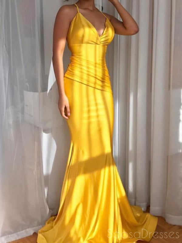 Mermaid V Neck Sleeveless Yellow Long Prom Dresses, Sweet 16 Prom Dresses, 12457