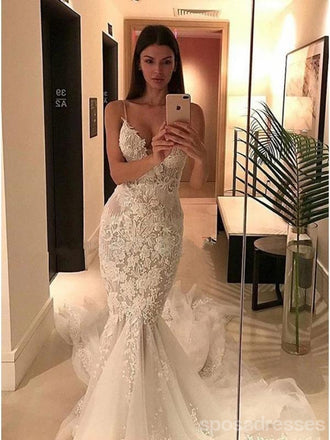 Sexy Mermaid V-neck Spaghetti Straps Handmade Lace Wedding Dresses,WD746