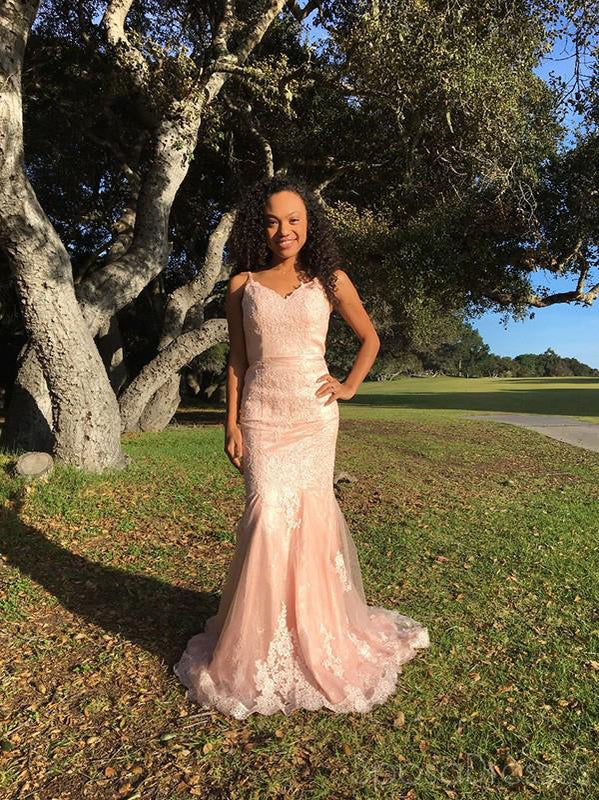 Mermaid Spaghetti Straps Pink Long Prom Dresses, Sweet 16 Prom Dresses, 12401