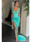 Mint Green Mermaid Straps V-neck High Slit Cheap Long Prom Dresses,12865