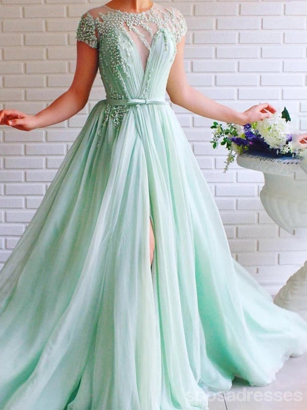 Mint Green A-line Short Sleeves Jewel High Slit Long Prom Dresses Online,12795