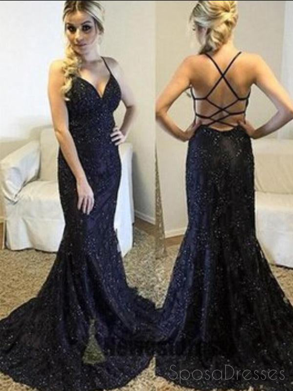 Sexy Backless Navy Lace Mermaid Long Evening Prom Dresses, 17698