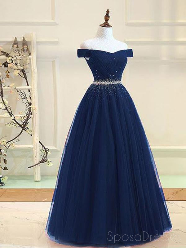 Off Shoulder Navy Tulle A line Beaded Long Evening Prom Dresses, 17694 – SposaDresses