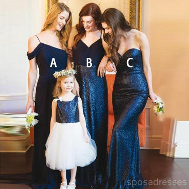 Mismatched Mermaid Cheap Long Navy Sequin Bridesmaid Dresses, WG220