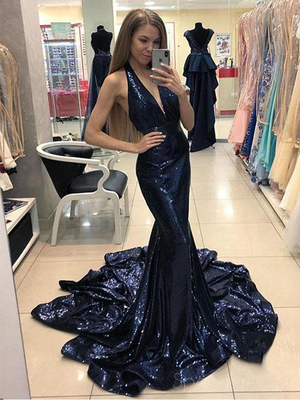 Sparkly Sequin Mermaid Navy Halter Long Evening Prom Dresses, Cheap Sw SposaDresses Sparkly Sequin Mermaid Navy Halter Long Evening Prom Dresses, Cheap Sw SposaDresses