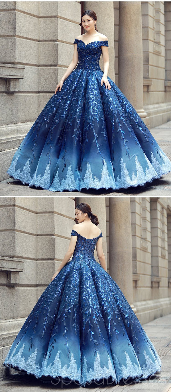 Off Shoulder Navy Blue Ball Gown Prom Dresses, Sweet 16 Dresses, Quinc – SposaDresses Off Shoulder Navy Blue Ball Gown Prom Dresses, Sweet 16 Dresses, Quinc – SposaDresses