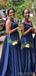 Elegant A-line Navy Blue V -neck Off the Shoulder Cheap Bridesmaid Dresses Gown Online, WG959