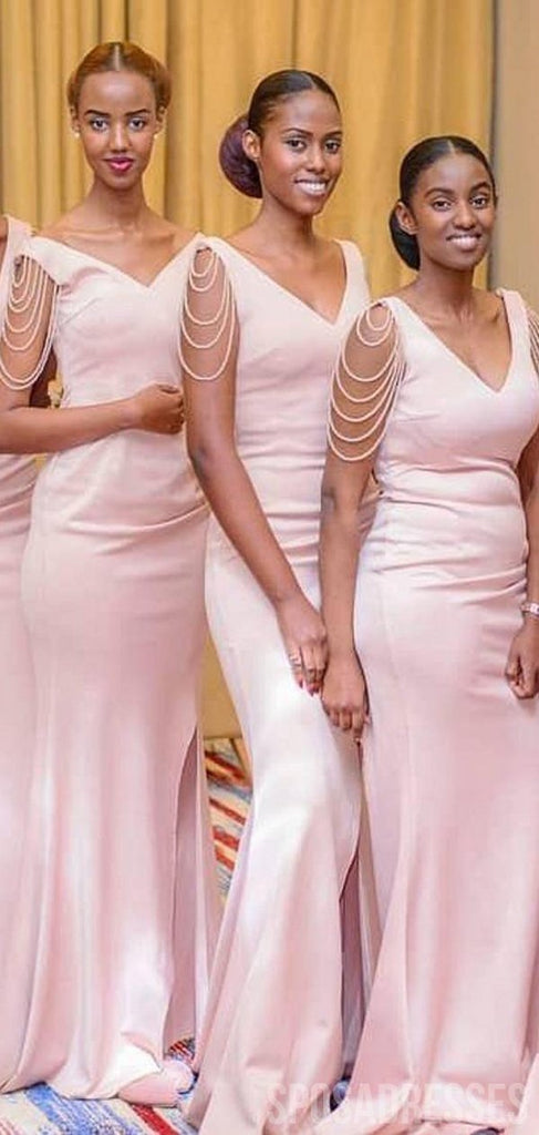 Unique Mermaid Pink Side Slit V-neck Long bridesmaid dressing gowns, WG952