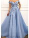 Off Shoulder Handmade Flower Blue Cheap Long Evening Prom Dresses, Evening Party Prom Dresses, 12151