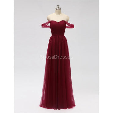 Off Shoulder Floor Length Dark Red Tulle Cheap Bridesmaid Dresses Online, WG589