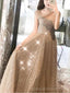 Off Shoulder Sparkly Gold A-line Long Evening Prom Dresses, Cheap Custom Sweet 16 Dresses, 18567