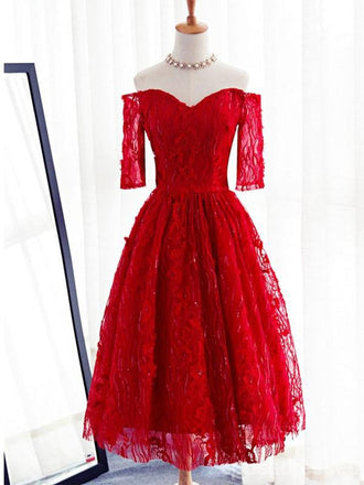 Long Sleeve Red Lace Beaded Homecoming Prom Dresses, Affordable Short Party Prom Dresses, Perfect Homecoming Dresses, CM266
