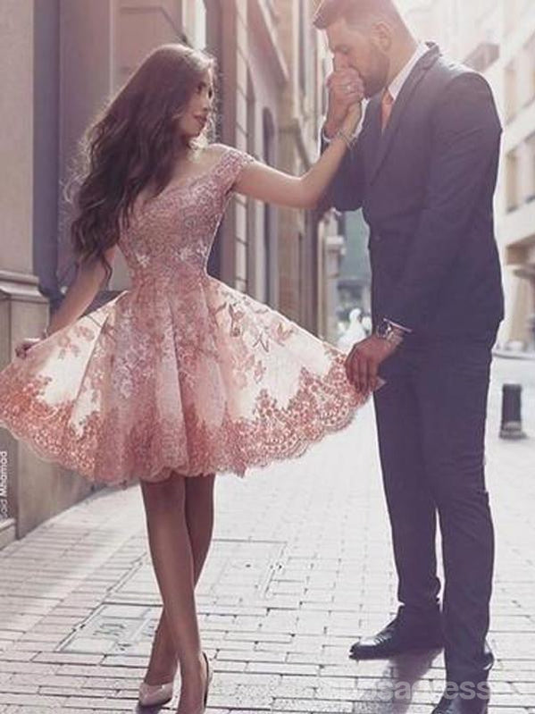 Off Shoulder Peach Lace Tulle Homecoming Prom Dresses, Cheap Homecoming Dresses, CM351