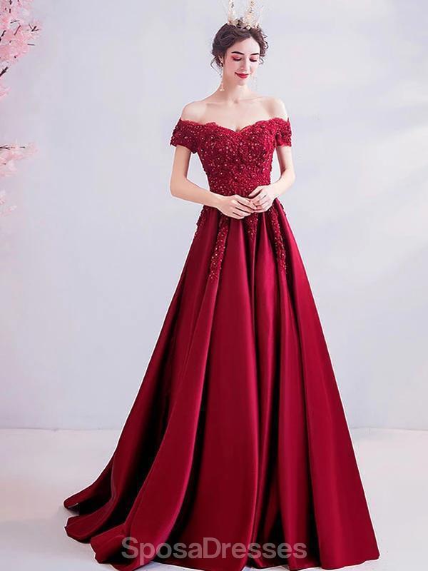 dark red prom dresses off the shoulder Fairy Ruffled Off-shoulder Dark Red Satin Prom Gown