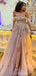 Gorgeous Pink A-line Off Shoulder Side Slit Maxi Long Prom Dresses,13251
