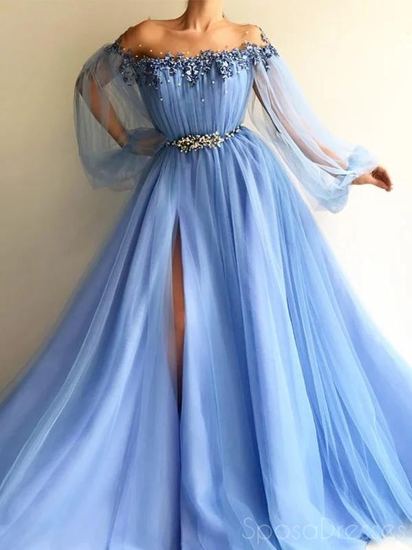 Scoop Off The Shoulder Slit Blue Cheap Long Prom Dresses, Sweet 16 Prom Dresses, 12367