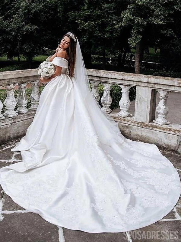 Off Shoulder Long Tail Satin Wedding Dresses, Cheap Wedding Gown, WD690