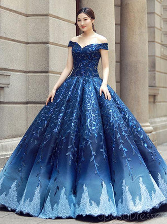 Off Shoulder Navy Blue Ball Gown Prom Dresses, Sweet 16 Dresses, Quinceanera Dresses, 12382