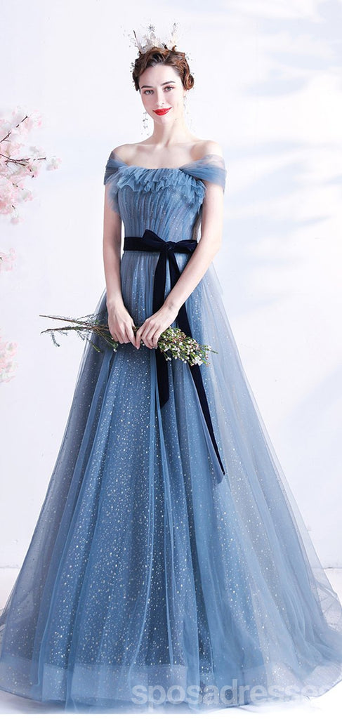 Blue A-line Off Shoulder Long Party Prom Dresses, Cheap Dance Dresses,12541