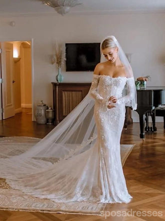 Off Shoulder Lace Long Sleeve Mermaid Wedding Dresses Online, WD364