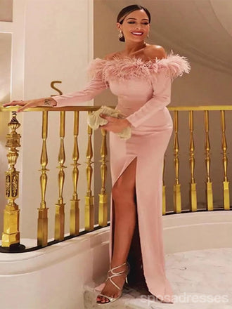 Pink Mermaid Off Shoulder Long Sleeves High Slit Cheap Long Prom Dresses,12916