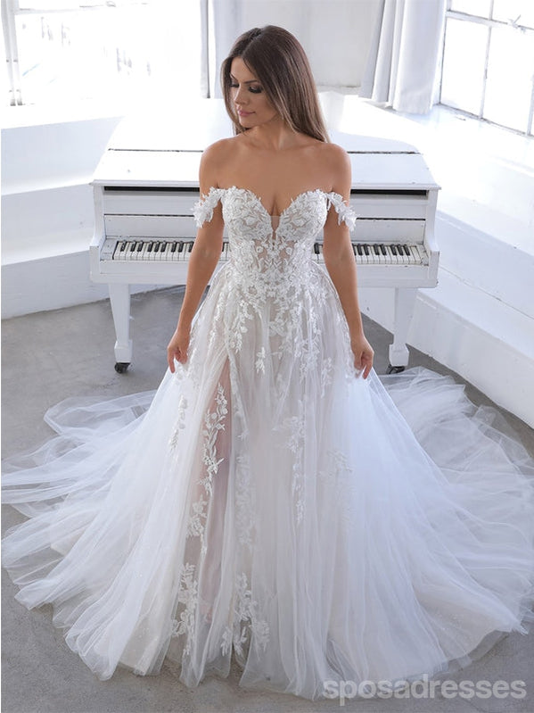 Off White A-line Off Shoulder V-neck Handmade Lace Wedding Dresses,WD788