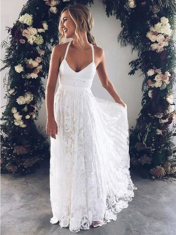 Off White A-line Spaghetti Straps Backless Handmade Lace Wedding Dresses,WD794