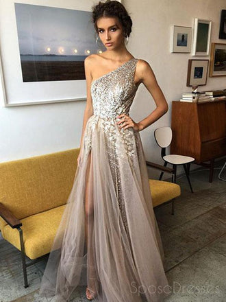 One Shoulder Sexy Side Slit Heavily Beaded Sparkly Long Evening Prom Dresses, 17270