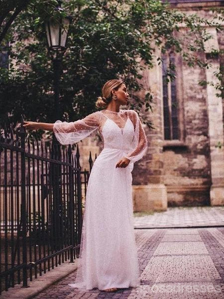 Open Back Long Sleeves Pearls Beaded Cheap Wedding Dresses Online, Che – SposaDresses