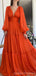 Simple Orange A-line V-neck Long Sleeves Maxi Long Prom Dresses,13241