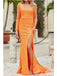 Orange Mermaid One Shoulder Long Sleeves Side Slit Prom Dresses,13101