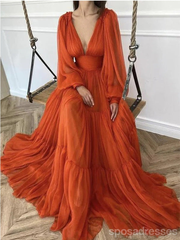 Simple Orange A-line V-neck Long Sleeves Maxi Long Prom Dresses,13241
