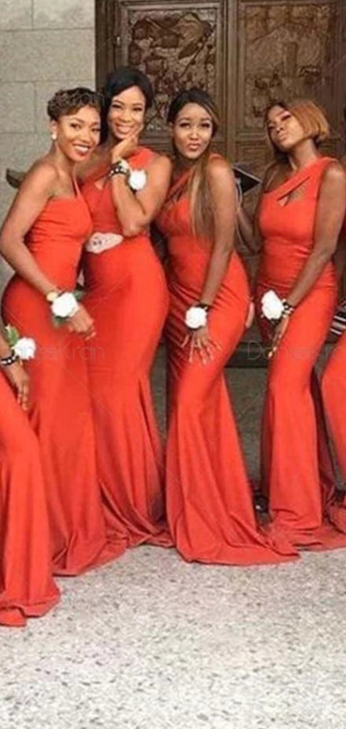 Sexy Long Mermaid Orange One Shoulder Bridesmaid Dresses Gown Online,WG1092