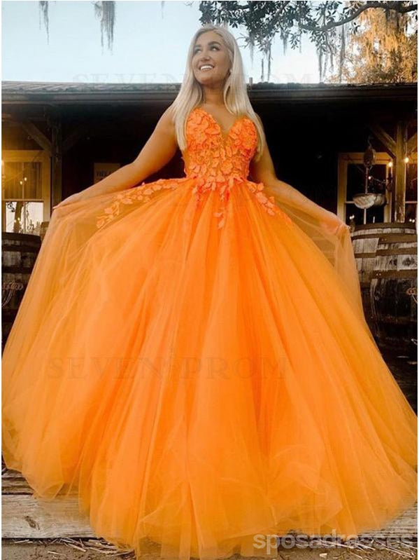 Orange A-line Spaghetti Straps V-neck Long Prom Dresses Online, Dance Dresses,12607