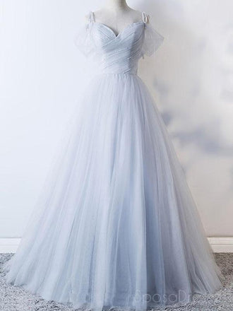 Off Shoulder Pale Blue Tulle A-line Long Evening Prom Dresses, Cheap Party Custom Prom Dresses, 18626