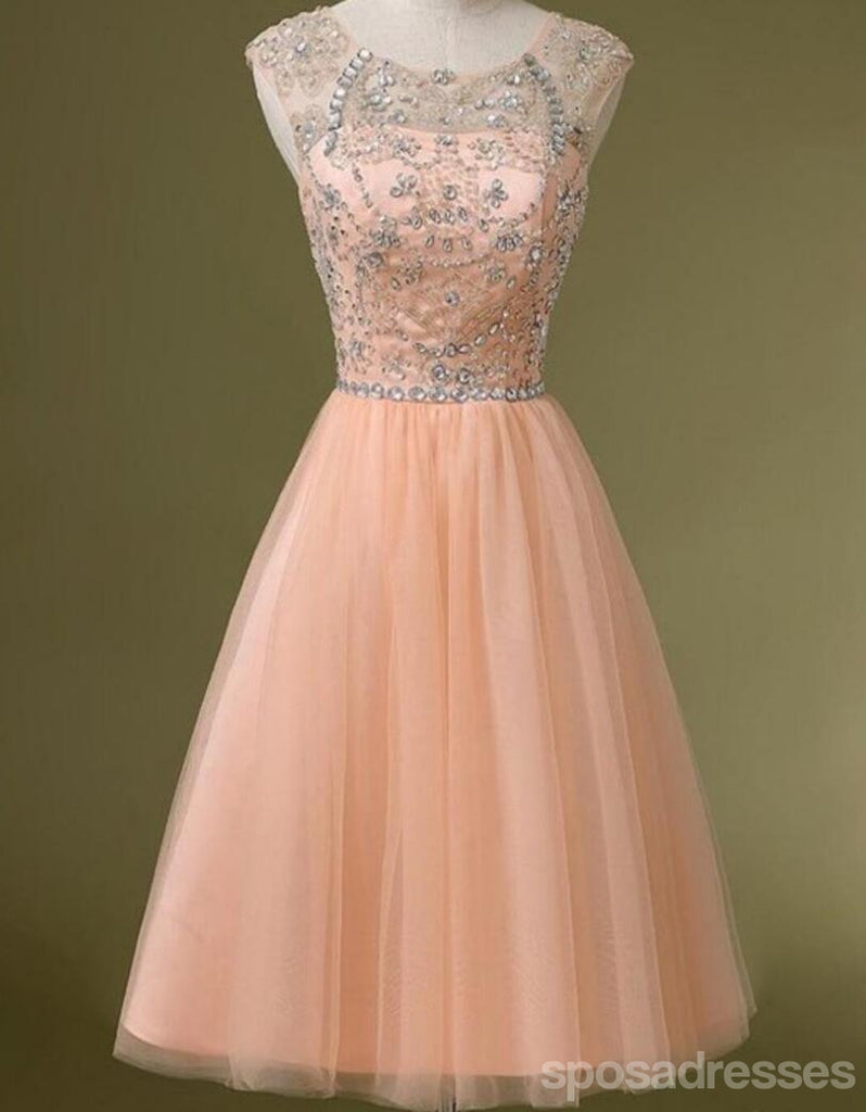 Peach Tulle Beaded Short Cute homecoming prom dresses, CM0031