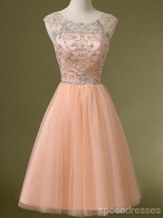 Peach Tulle Beaded Short Cute homecoming prom dresses, CM0031