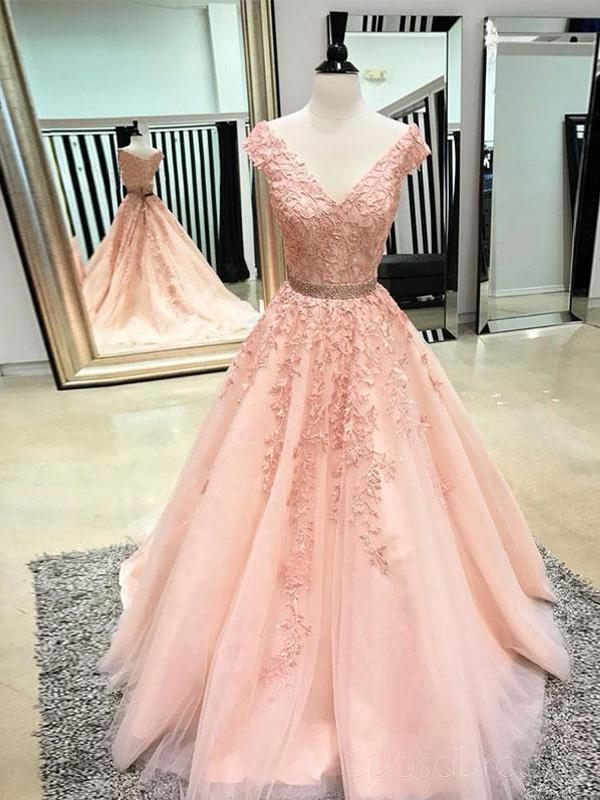 V Neck Cap Sleeves Peach Lace A-line Long Evening Prom Dresses, Cheap SposaDresses V Neck Cap Sleeves Peach Lace A-line Long Evening Prom Dresses, Cheap SposaDresses