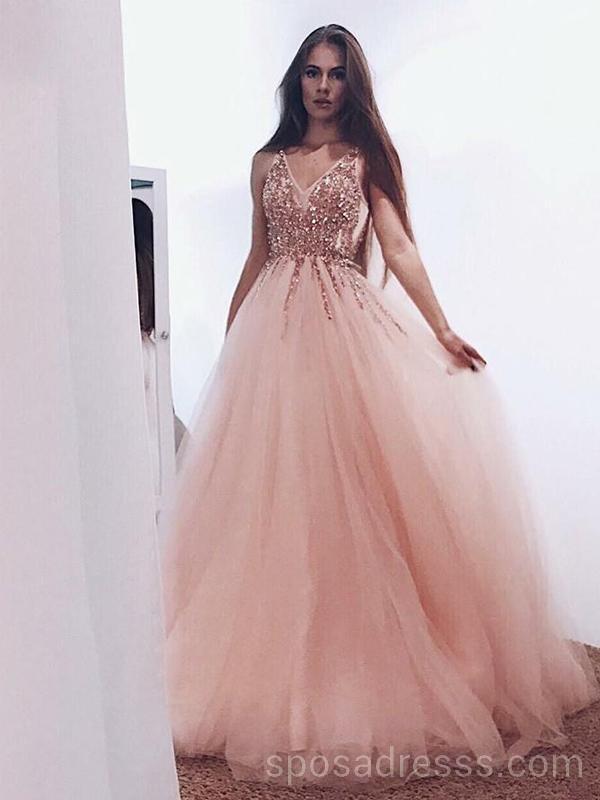 Peach Tulle Rose Gold Beaded Long Evening Prom Dresses, Cheap Custom S SposaDresses Peach Tulle Rose Gold Beaded Long Evening Prom Dresses, Cheap Custom S SposaDresses