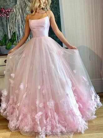 Spaghetti Straps Pink Handmade Flower Long Evening Prom Dresses, Evening Party Prom Dresses, 12161