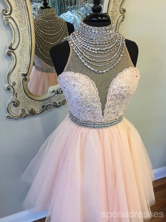 High Neck See Through Rhinestone Cute Pink Homecoming Dresses 2018, CM496