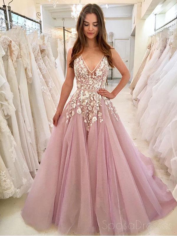 A-Line Tulle Lace Applique Pink Long Prom Dress, Pink Lace Sweet 16 Dress