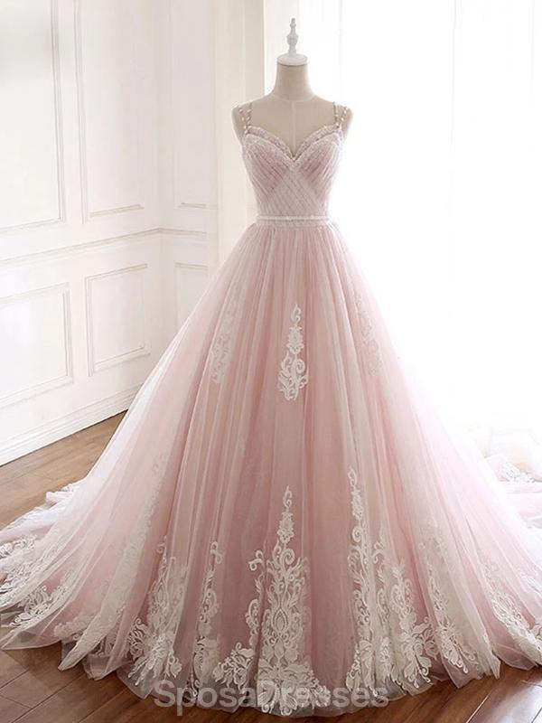 Pale Pink Lace Beaded A-line Long Evening Prom Dresses, Evening Party Prom Dresses, 12209
