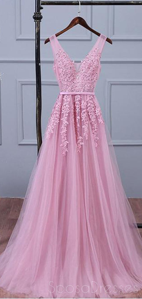 V Neckline Pink Lace Evening Prom Dresses, Popular Lace Party Prom Dresses, 17190