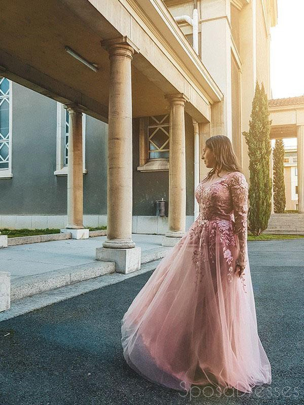 Tulle A-line Long Sleeves Applique Prom Dresses, Sweet 16 Prom Dresses, 12411