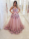 Pink A-line Applique Sleeveless V Neck Prom Dresses, Sweet 16 Prom Dresses, 12480