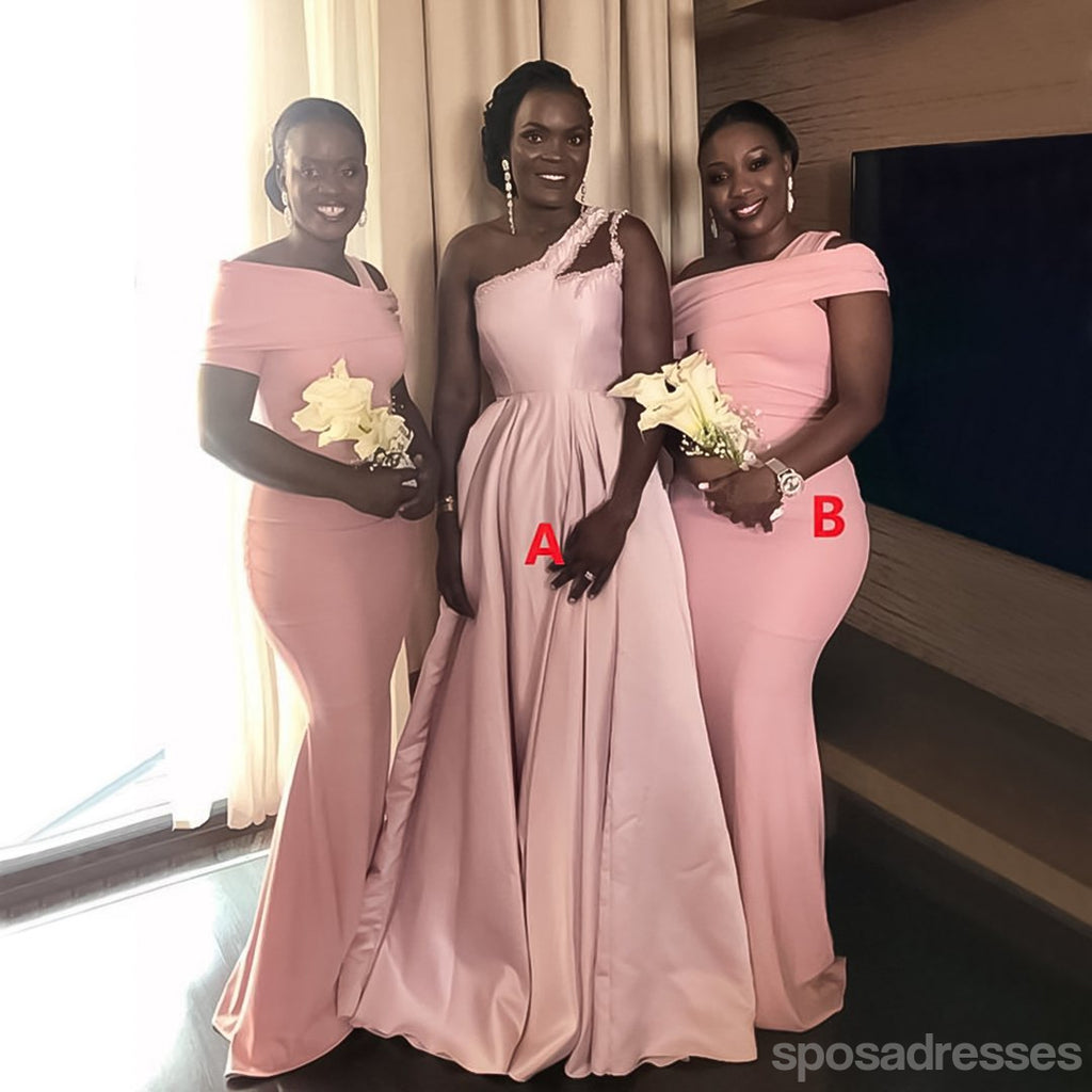 Mismatched Pink One Shoulder Long Bridesmaid Dresses Gown Online,WG1076