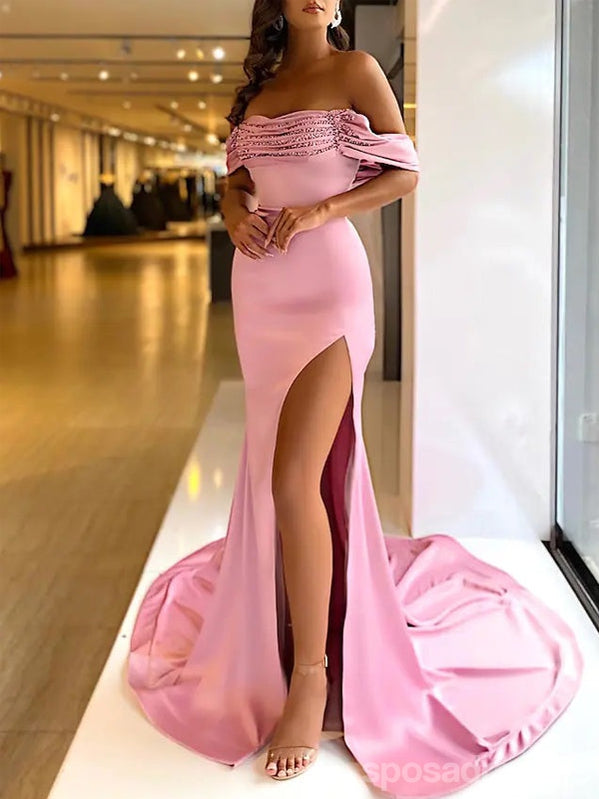 Sexy Pink Mermaid High Slit Off Shoulder Long Prom Dresses,Evening Dresses,13090