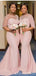 Simple Pink Mermaid Short Sleeves Jewel Cheap Long Bridesmaid Dresses,WG1310