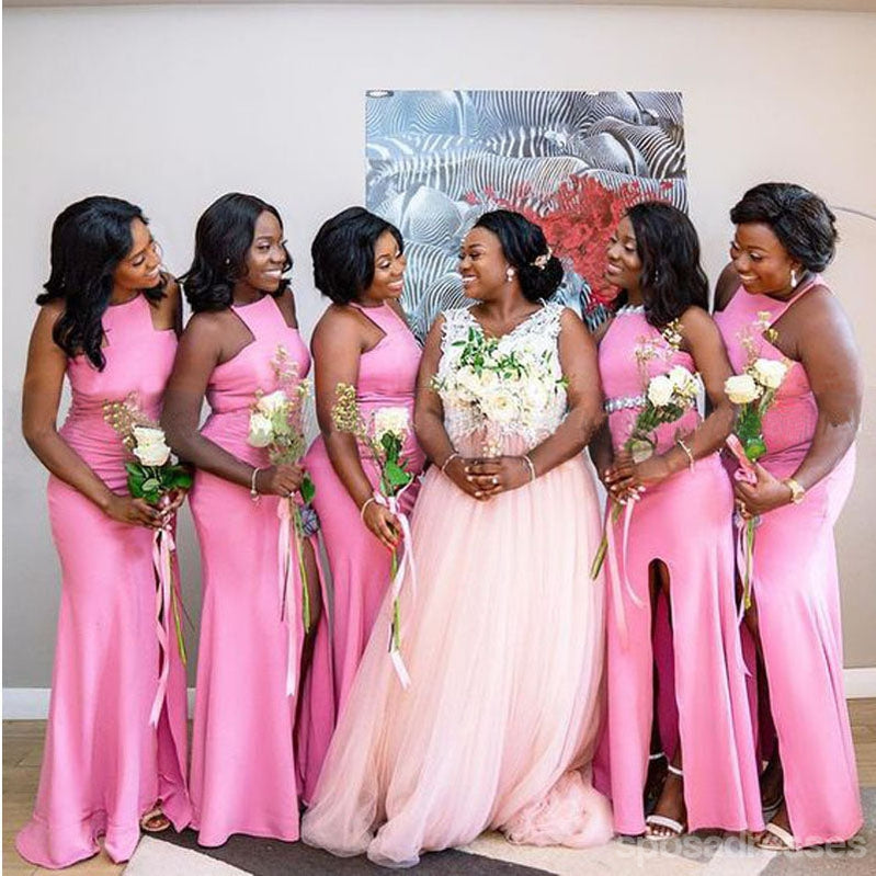 Pink Mermaid Halter Side Slit Cheap Long Bridesmaid Dresses,WG1535 –  SposaDresses